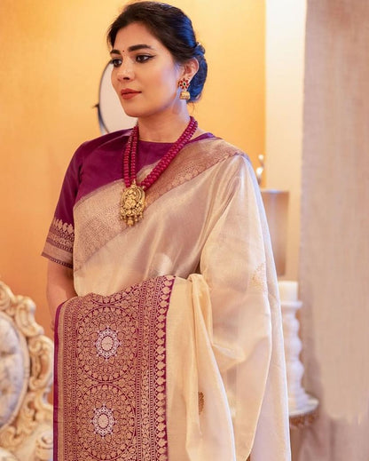 Beautiful Beige Soft Banarasi Silk Saree With Adorable Blouse Piece