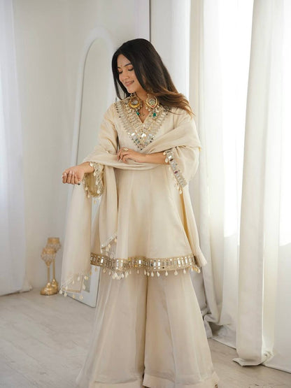 Tebby Organza Silk Peplum Sharara Set with Real Mirror Work Border