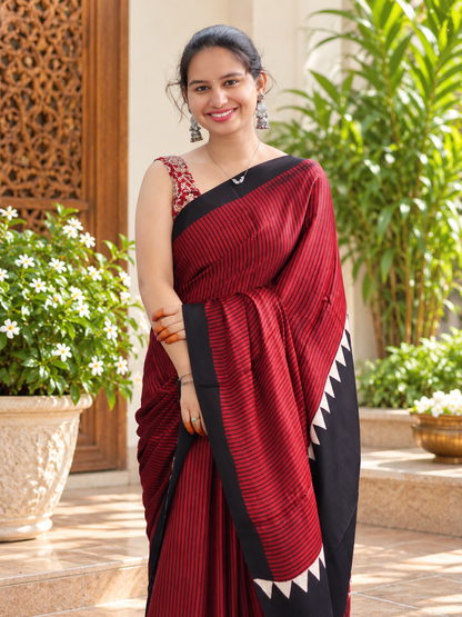 Beautiful Maroon Striped Hand Block Printed Modal Silk Saree