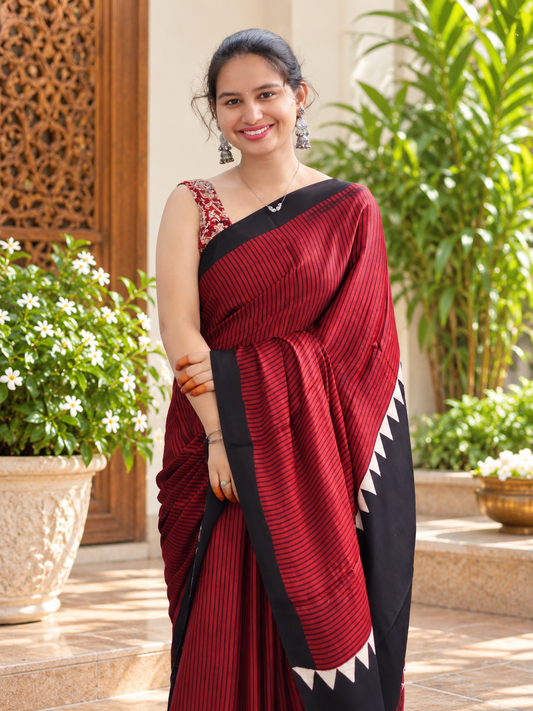 Beautiful Maroon Striped Hand Block Printed Modal Silk Saree