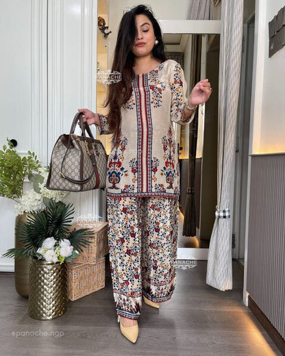 Elegant Floral Printed Soft Cotton Co-Ord Set with Wide-Leg Palazzo Pants