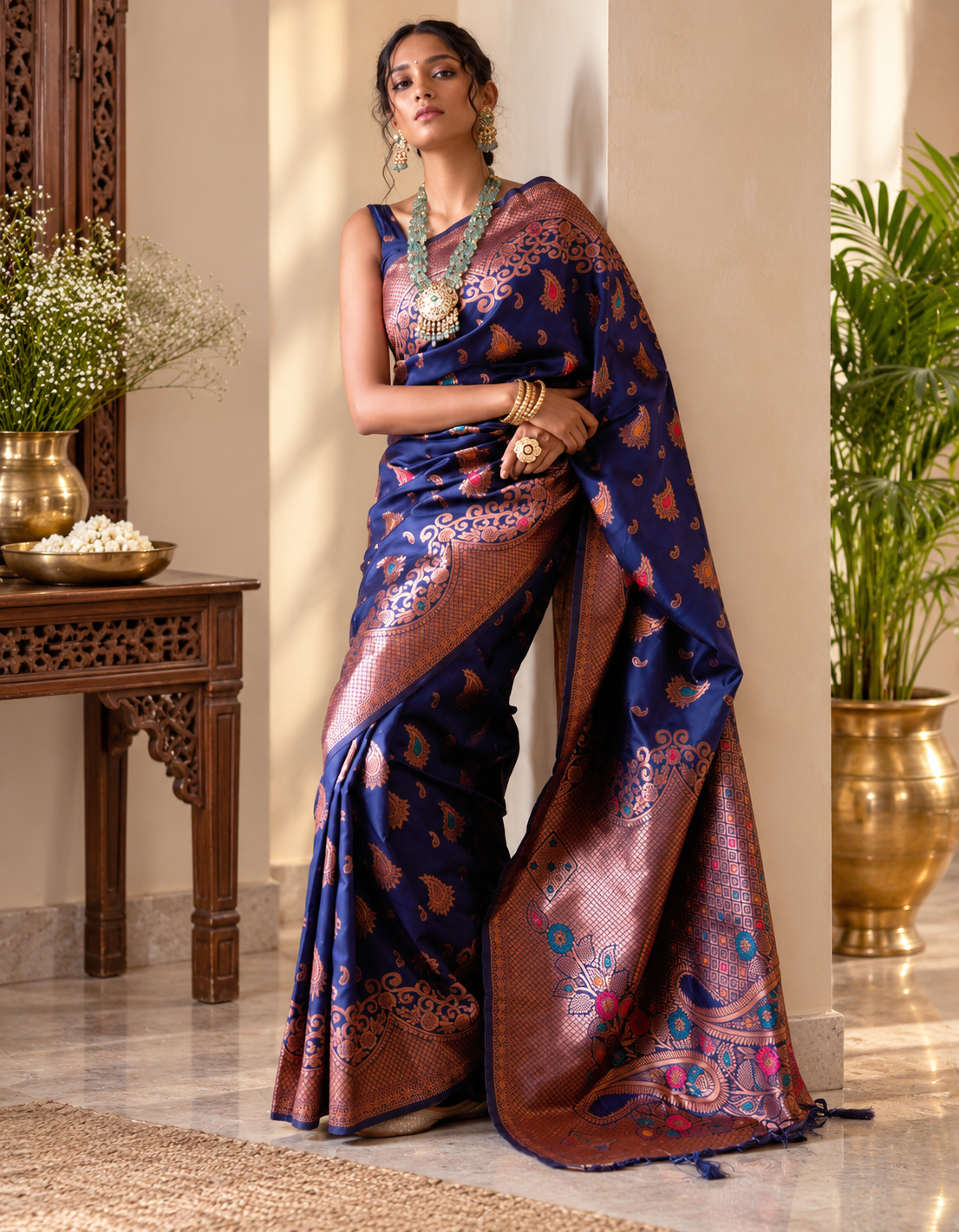 Royal Blue Meenakari Soft Banarasi Silk Saree with Copper Zari Border