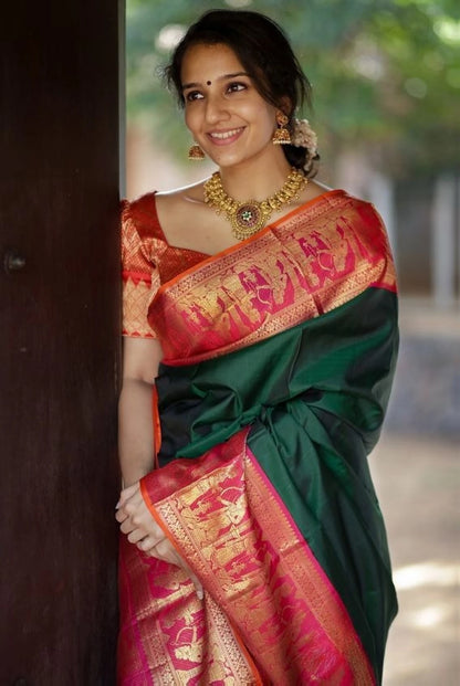 Attractive Green Soft Silk Kanjivaram Style Saree with Beautiful Blouse Piece