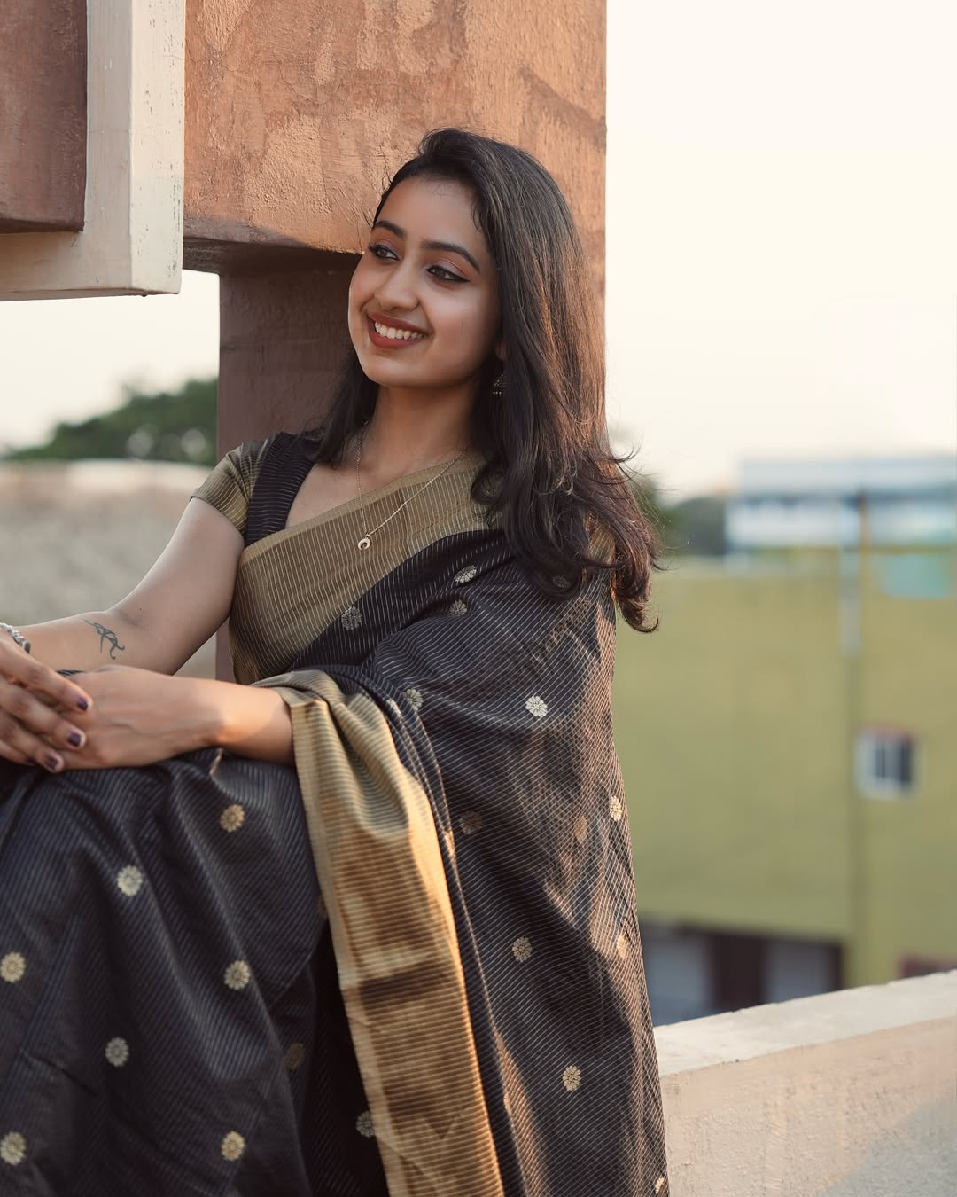 Lalima - Black Cotton Silk Saree with Zari Dot Weave and Gold Border