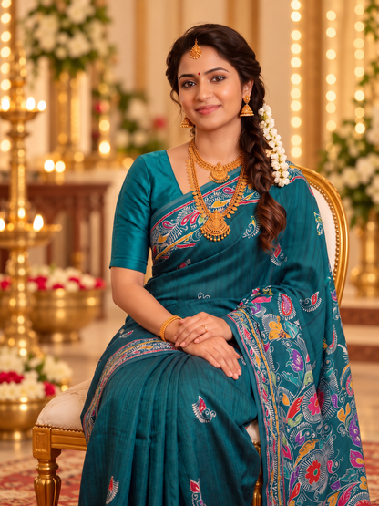 Elegant Teal Blue Handloom Soft Tussar Silk Saree with Elegant Pallu