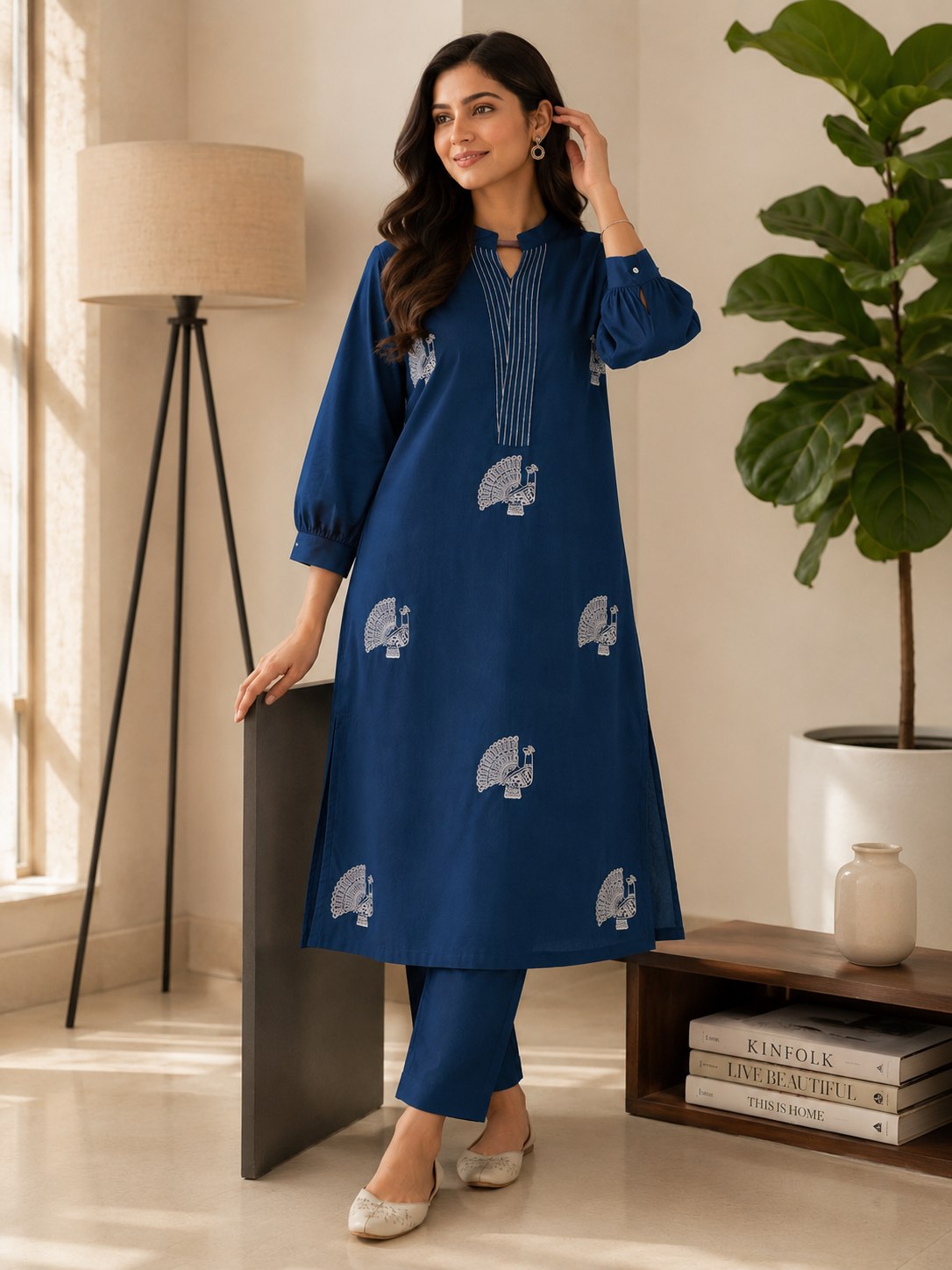 Elegant Indigo Blue Voile Cotton A-Line Kurta Set with Peacock Thread Embroidery
