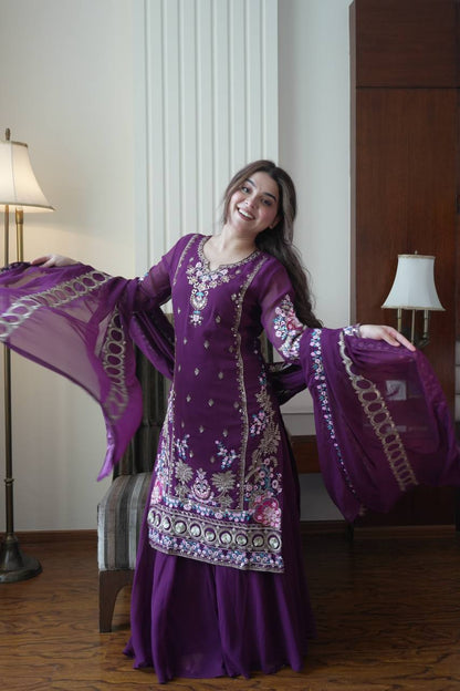 Elegant Wine Fox Georgette Designer Suit Set with Embroidered Dupatta