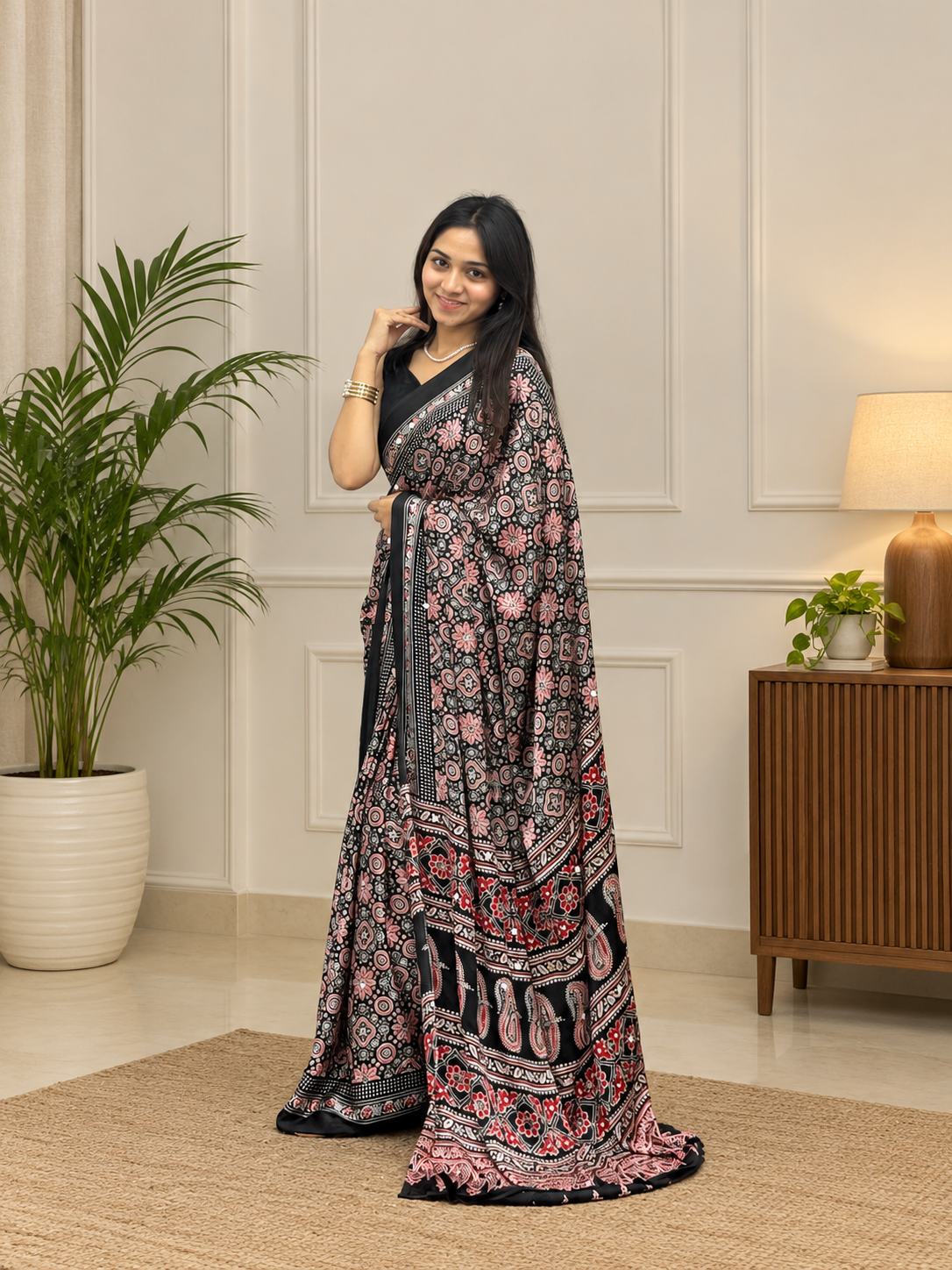 Premium Black Ajrakh Printed Japan Silk Saree with Elegant Pallu