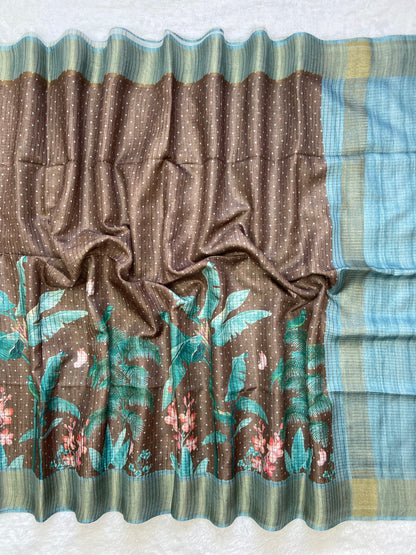 Trendy Coffee Brown & Aqua Floral Soft Tussar Silk Saree