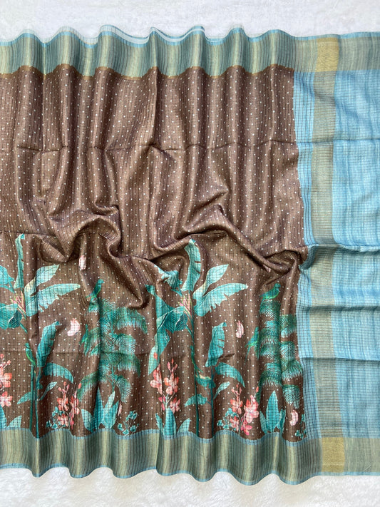 Trendy Coffee Brown & Aqua Floral Soft Tussar Silk Saree