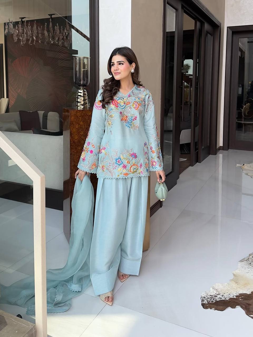 Elegant Modern Ice Blue Embroidered Crape Silk Suit Set with Organza Dupatta