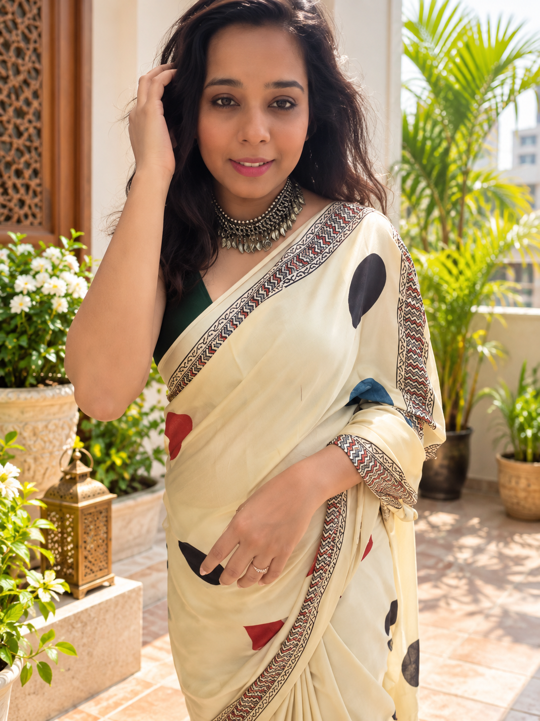 Trendy Cream Hand Block Printed Modal Silk Saree
