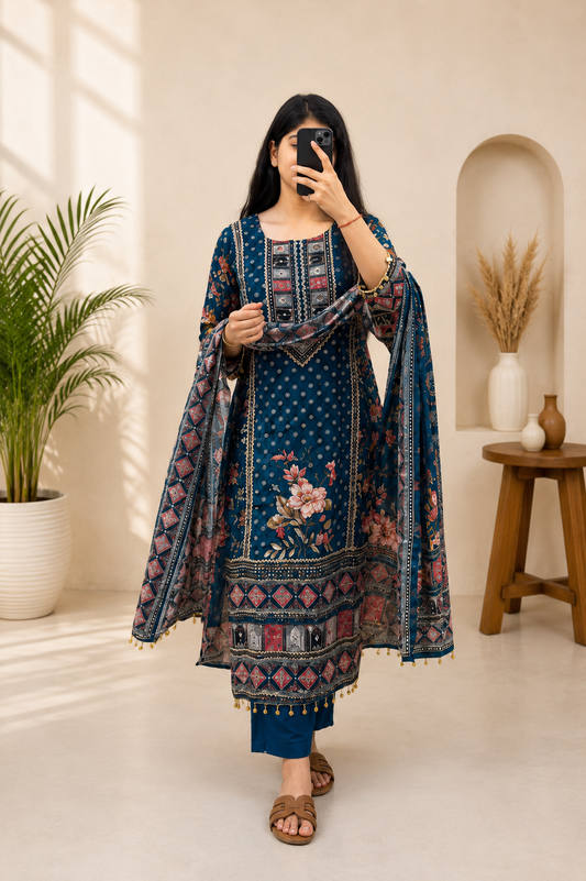 Attractive Prussian Blue Chinon Salwar Suit Set With Mirror Work