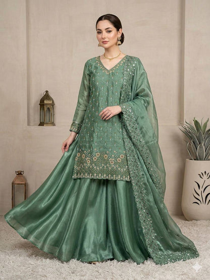 Pastel Green Fendy Silk Sharara Suit Set with Sequence Embroidery Work