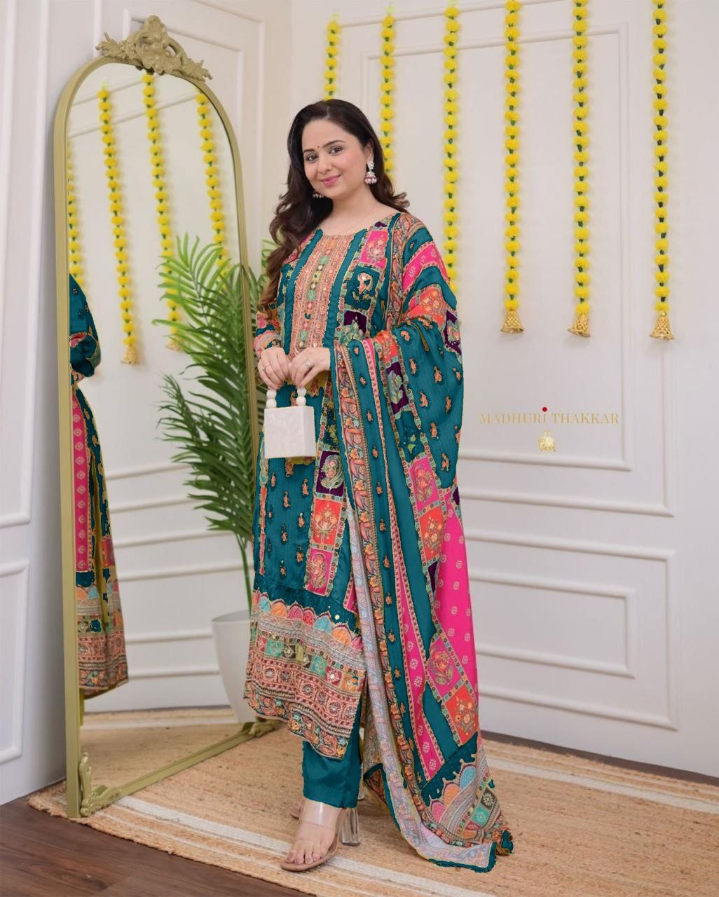 Premium Royal Multi Printed Muslin Suit Set with Embroidered Yoke
