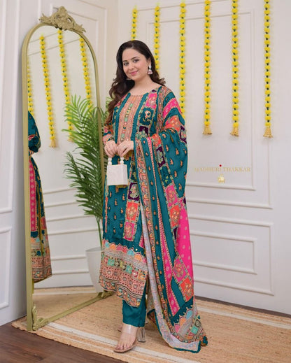 Premium Royal Multi Printed Muslin Suit Set with Embroidered Yoke