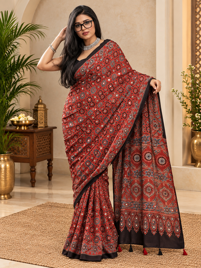 Very Beautiful Maroon Ajrakh Hand-Block Printed Gajji Silk Saree With Mirror Work