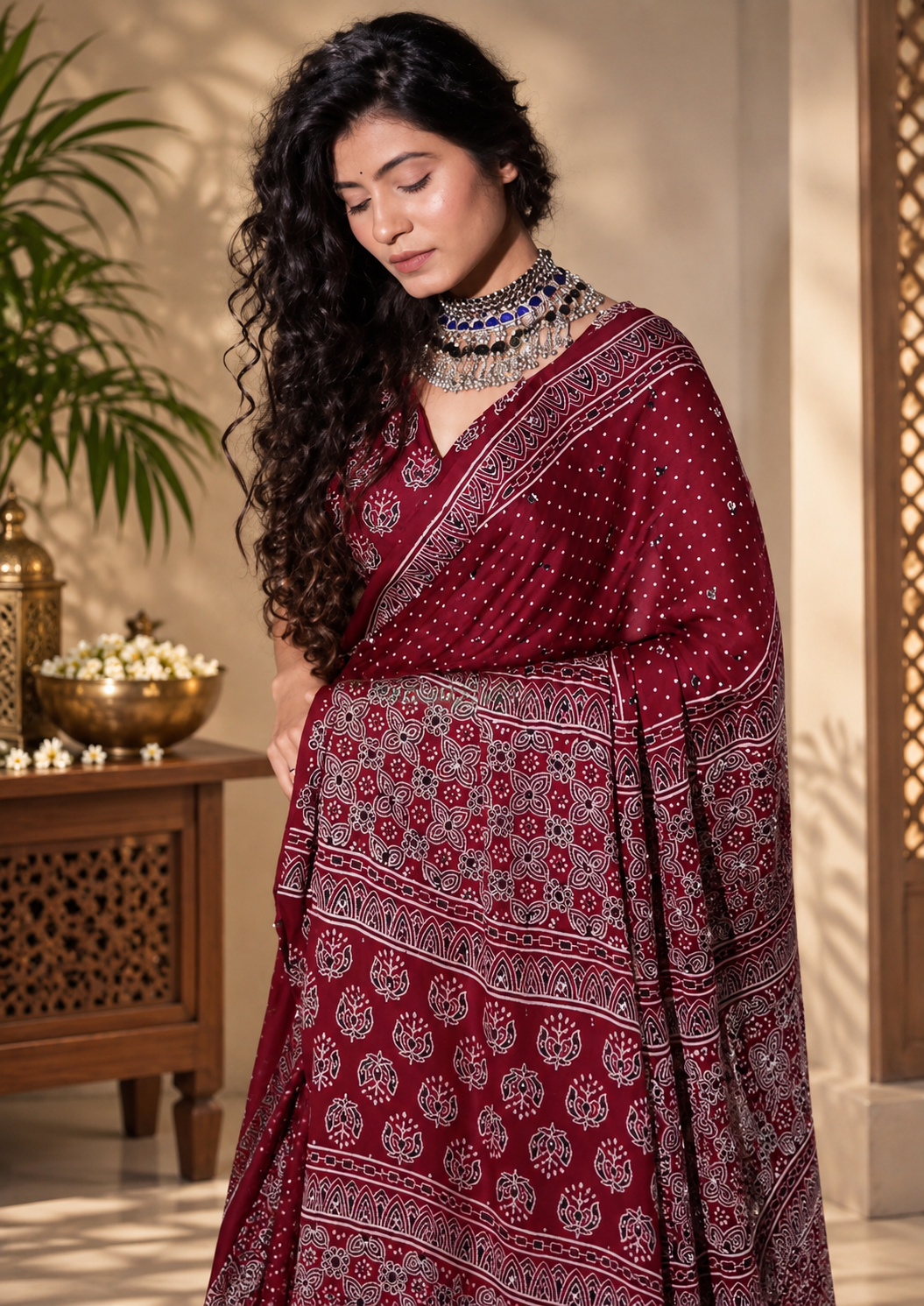 Elegant Traditional Ajrakh Block Printed Gajji Silk Saree With Real Mirror Work