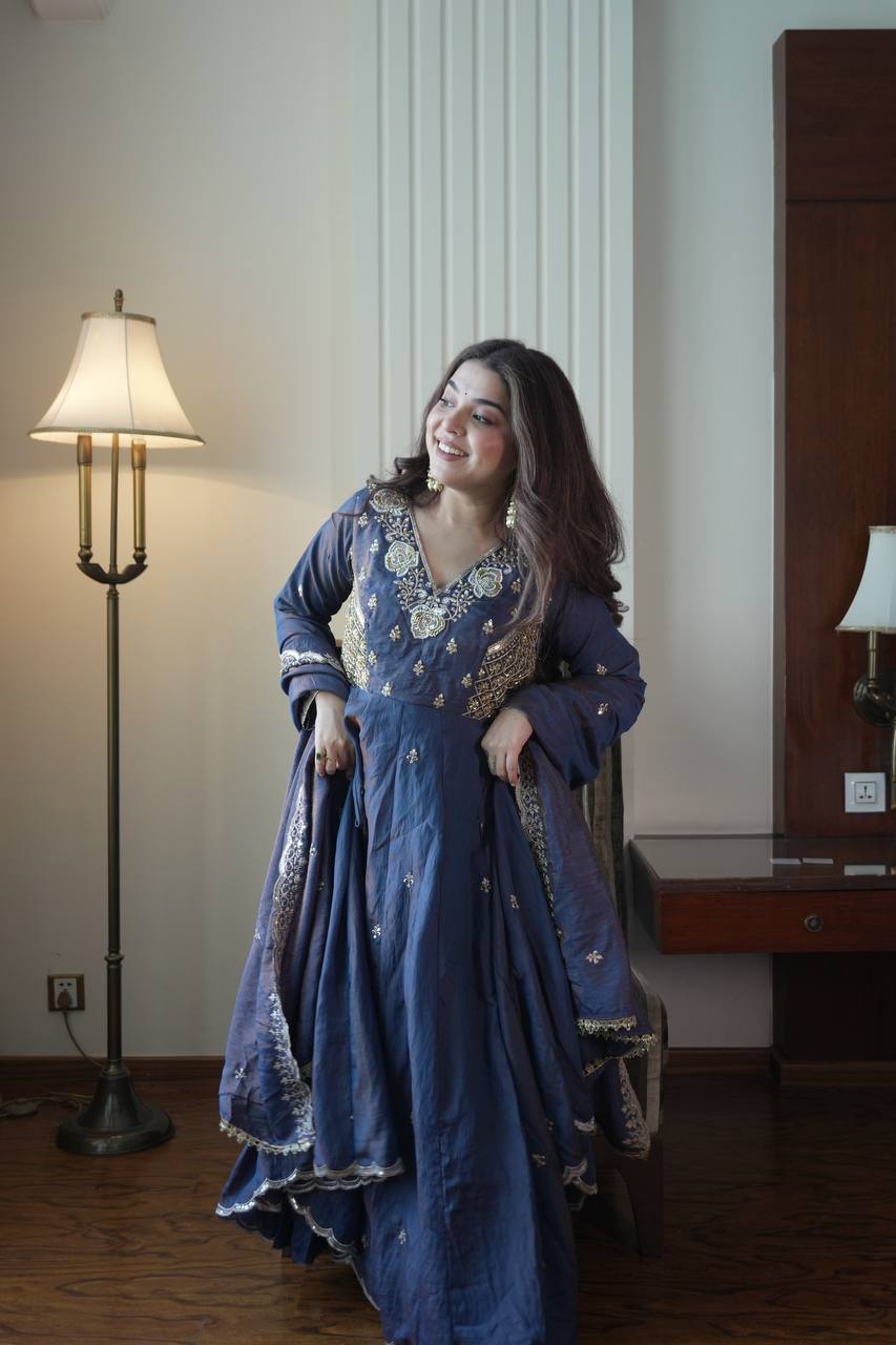 Deep Indigo Embroidered Vichitra Silk Anarkali Suit Set with Dupatta