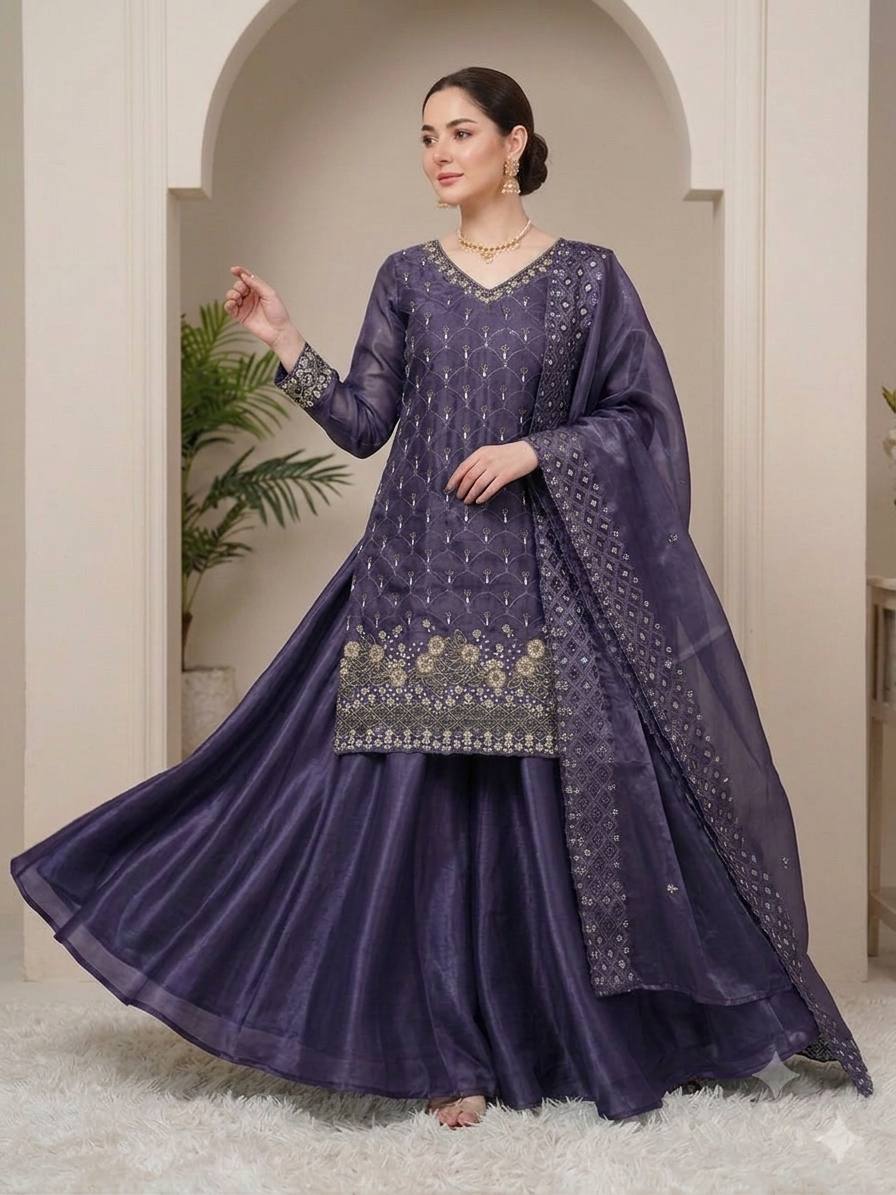New Designer Purple Fandy Silk Embroidered Suit Set with Organza Dupatta