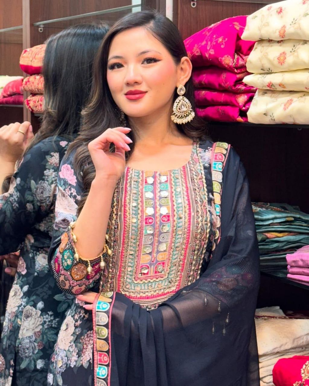 Elegant Black Chinon Silk Embroidered Salwar Suit with Fancy Mirror Work