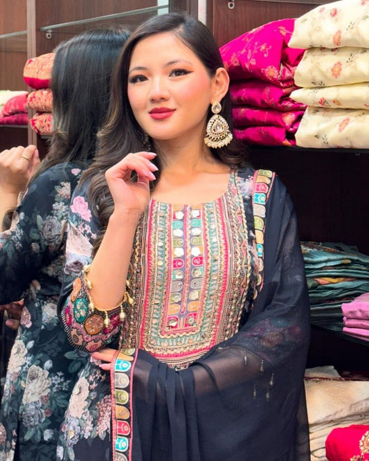 Elegant Black Chinon Silk Embroidered Salwar Suit with Fancy Mirror Work