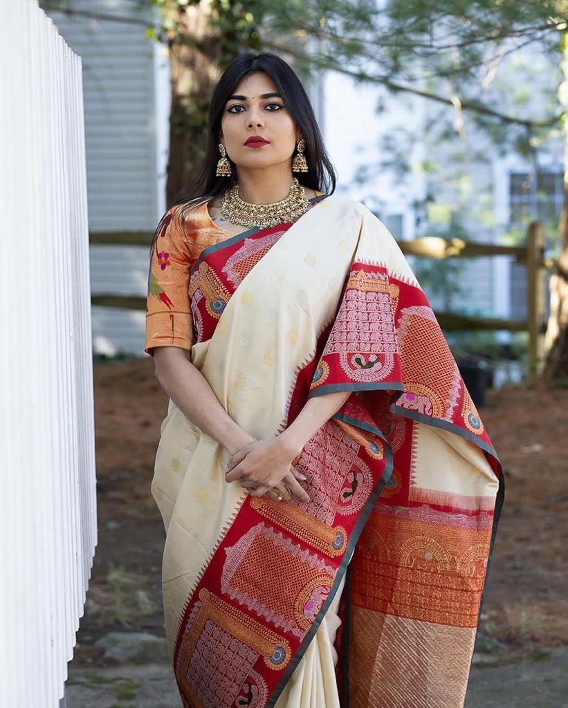 White & Red Soft Banarasi Silk Saree With Zari Weaving Work