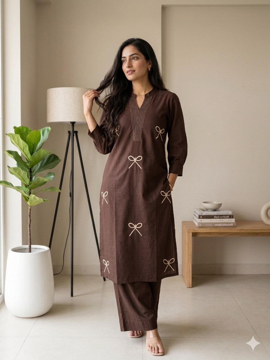 Elegant Mocha Brown Voile Cotton A-Line Tunic Set with Thread Work