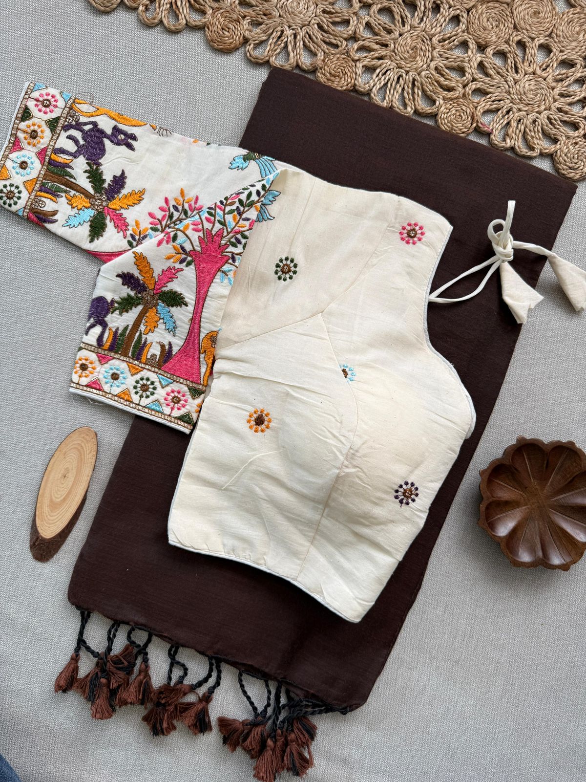 Dharma Exclusive - Brown Handloom Cotton Saree With Havy Embroidery Stitched Blouse