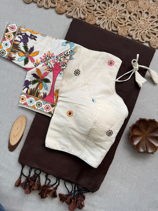 Dharma Exclusive - Brown Handloom Cotton Saree With Havy Embroidery Stitched Blouse