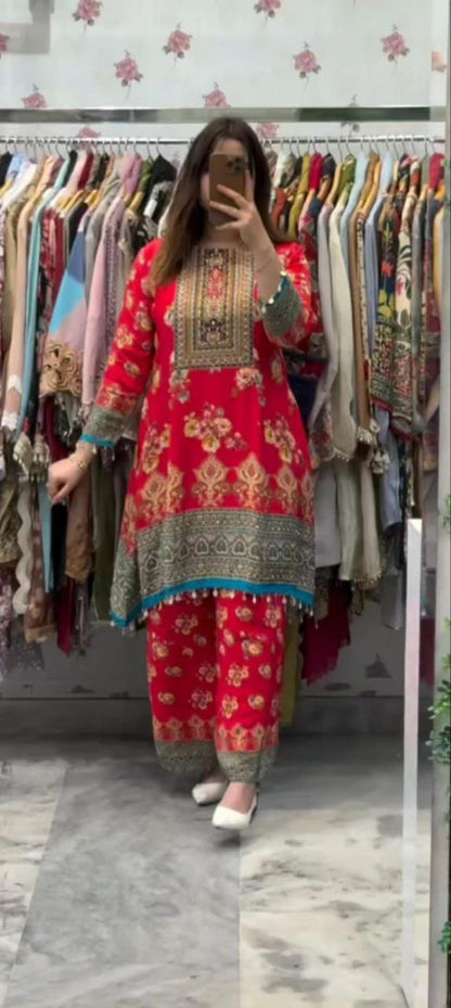Exclusive Designer Red Malai Satin Co-Ord Set With Fancy Mirror Work