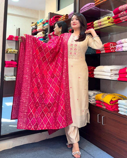 Elegant Cream Roman Silk Embroidered Suit Set with Banarasi Dupatta
