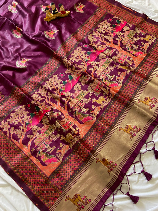 Vrindavan Wine – Premium Woven Zari Soft Pashmina Silk Saree