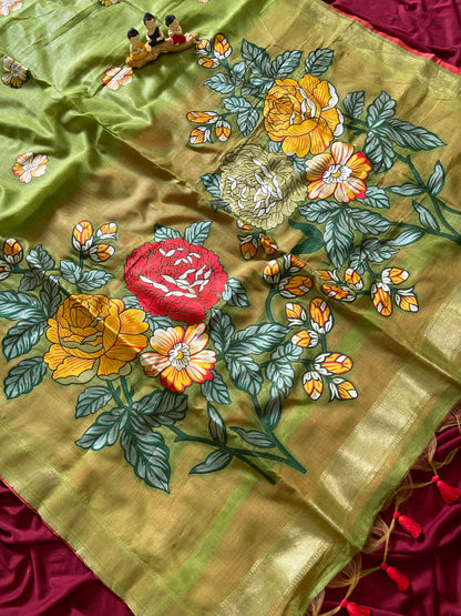 Festive Olive Green Soft Muga Cotton Resham Weaving Saree