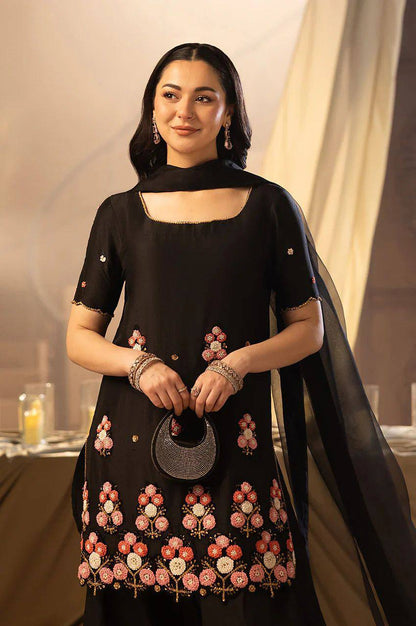Elegant Black Crape Silk Embroidered Sharara Suit Set with Organza Dupatta