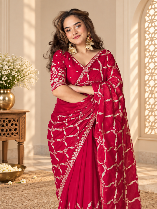 Very Attractive Magenta Thread Work Fendy Silk Saree