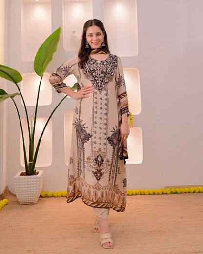 Dazzling Beige & Black Printed Pure Muslin Suit Set with Real Mirror Work