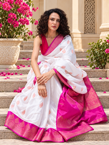 Traditional White Kanjivaram Soft Silk Festive Saree
