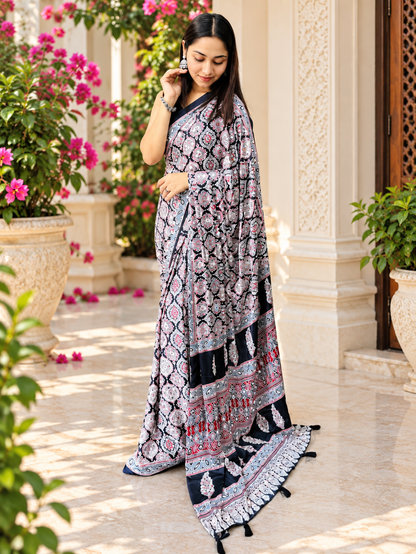 Beautiful Black Semi Gajji Silk Ajrakh Print Saree with Real Mirror Work