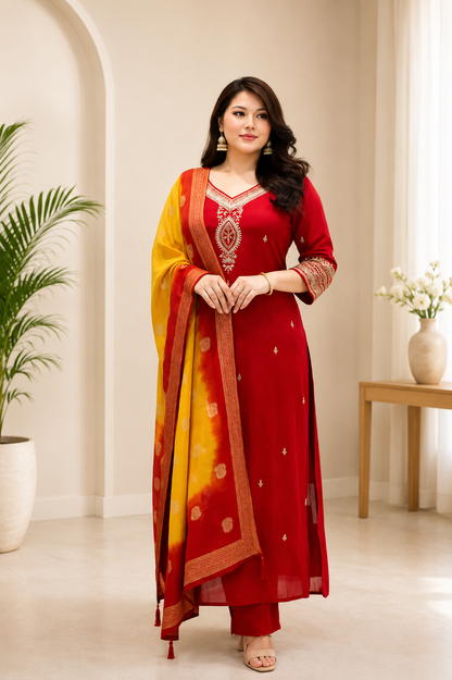 Very Attractive Berry Silk Suit Set with Kanjivaram Dupatta