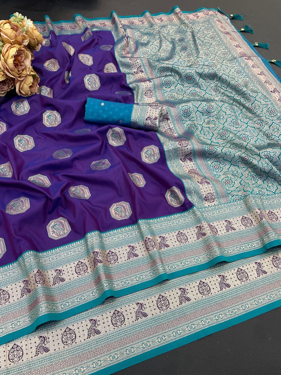 Designer Navy Blue Silk Saree with Teal Green Designer Zari Border