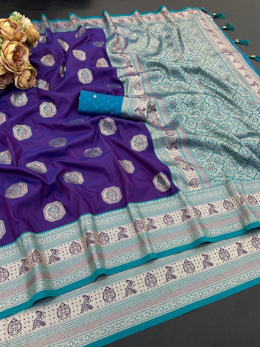Designer Navy Blue Silk Saree with Teal Green Designer Zari Border