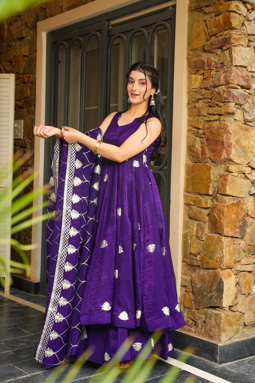 Royal Purple Fendy Silk Embroidered Anarkali Gown Set with Palazzo and Dupatta