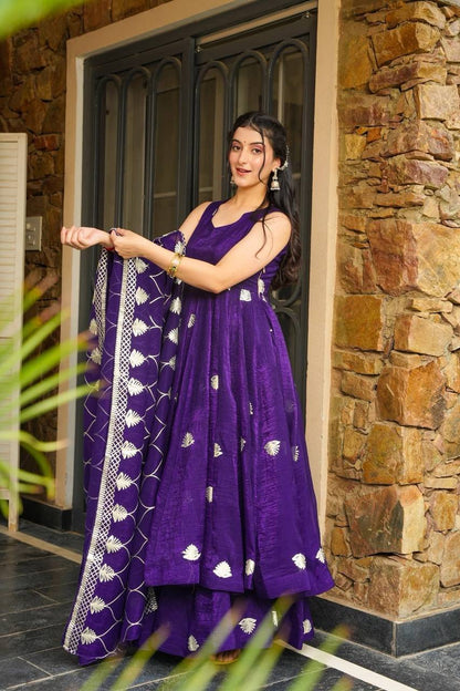 Royal Purple Fendy Silk Embroidered Anarkali Gown Set with Palazzo and Dupatta
