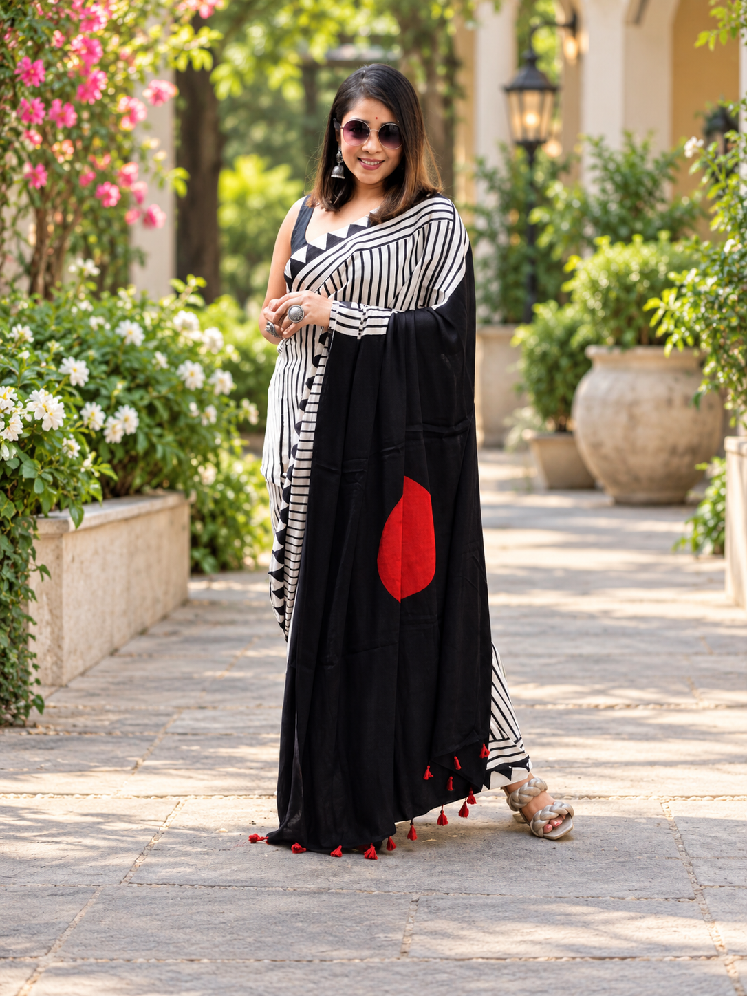 Attractive Black & White Striped Hand Block Printed Modal Silk Saree