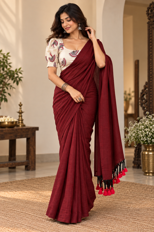 Artisanal Handloom Pure Cotton Saree with Stiched Blouse