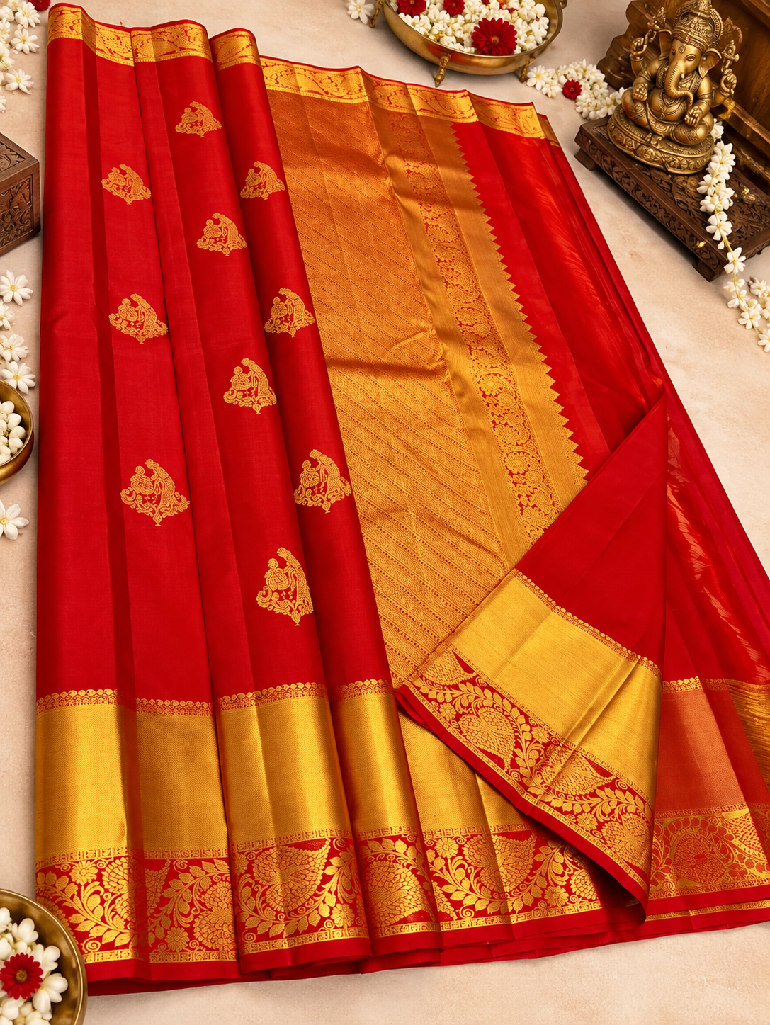Premium Red Handwoven Pure Silk Saree with Korvai Gold Border