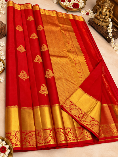 Premium Red Handwoven Pure Silk Saree with Korvai Gold Border