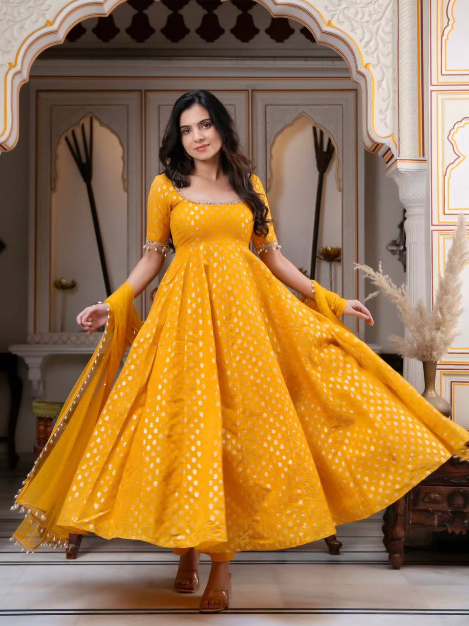 Elegant Mustard Yellow Chanderi Jacquard Anarkali Suit Set with Mirror Work