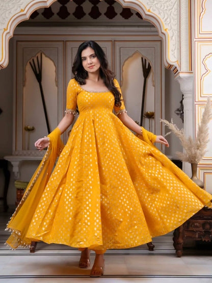 Elegant Mustard Yellow Chanderi Jacquard Anarkali Suit Set with Mirror Work